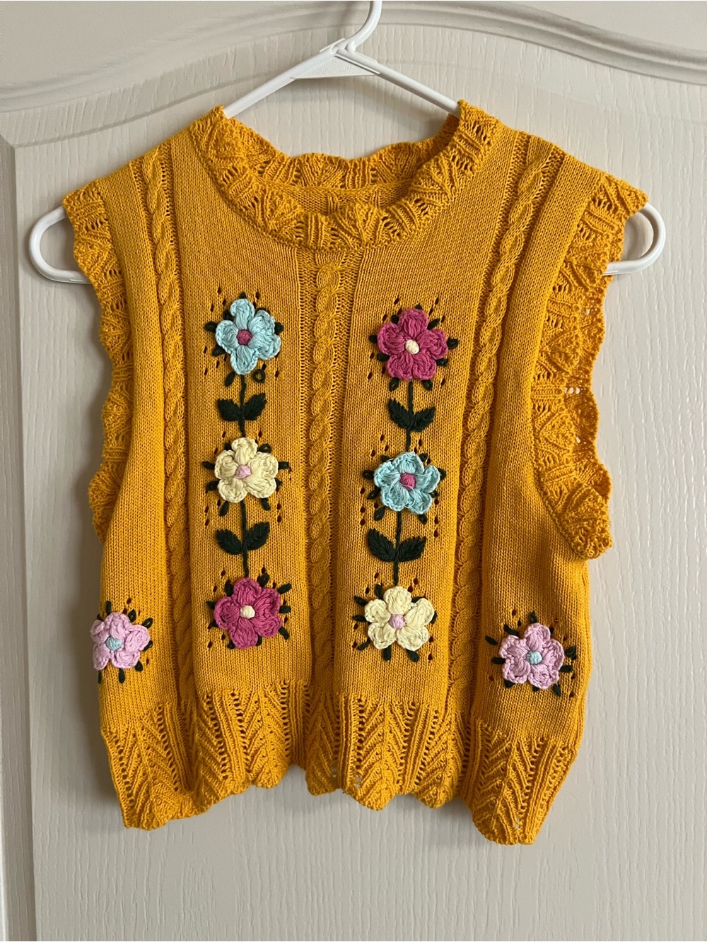 Cider Mustard Yellow Floral Knit Sleeveless Sweater Vest